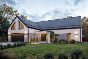 Projekt Kampinos – nowoczesny dom w kształcie L z antresolą i garażem